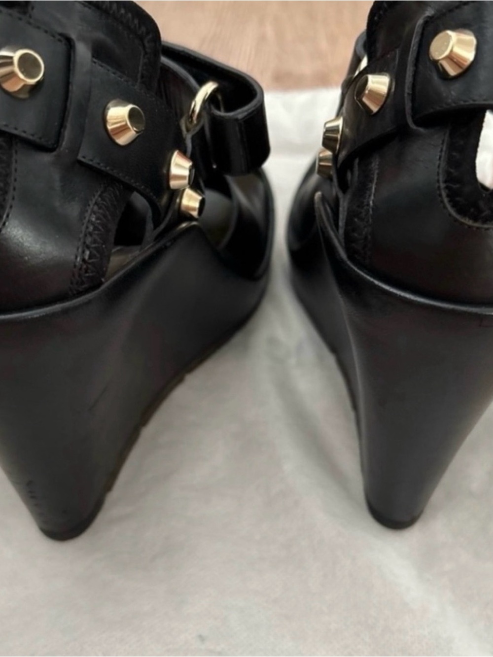 Balenciaga Black Leather Studded Wedge Heels